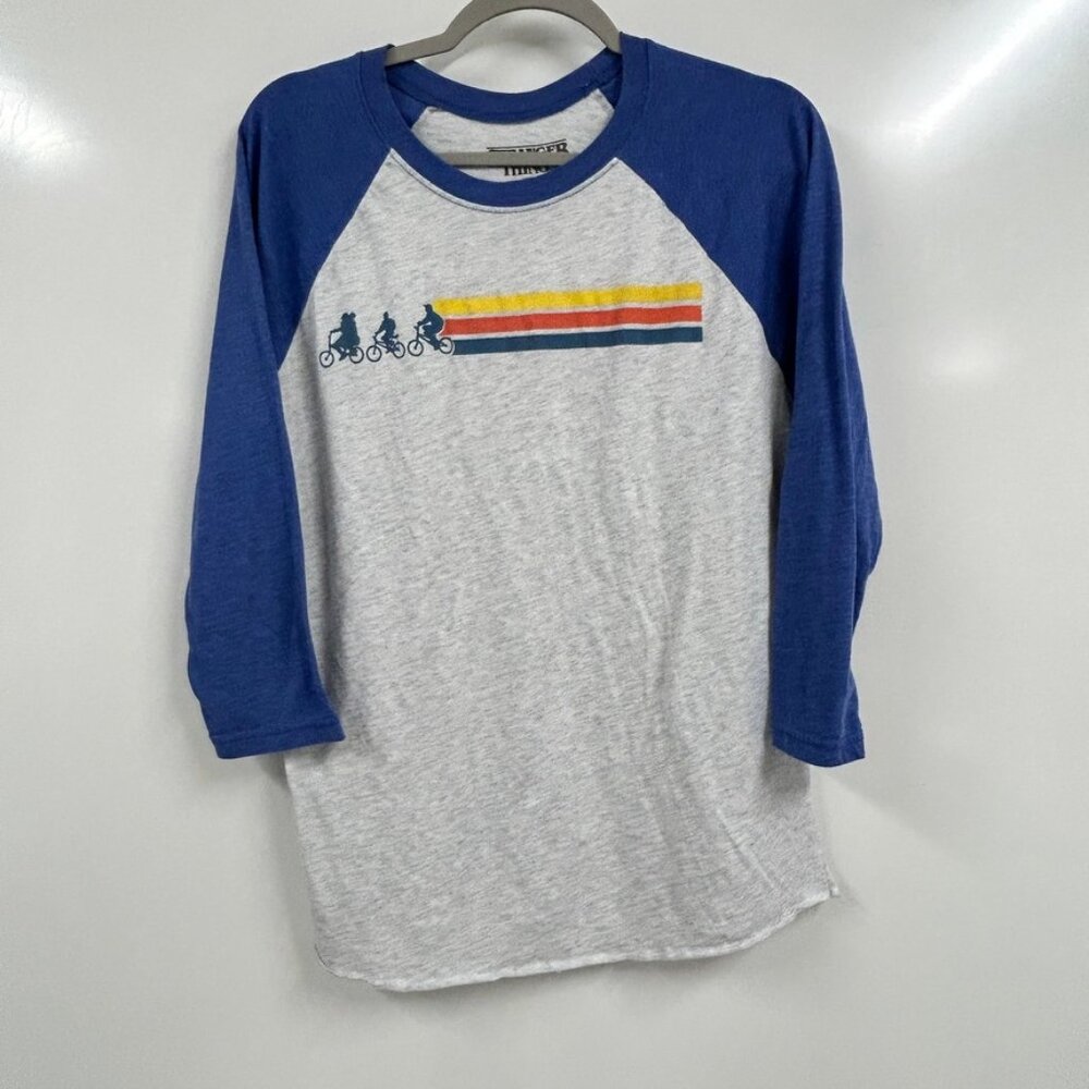 Stranger Things Raglan Tee Medium Retro Graphic 3/4 Sleeve Blue Gray